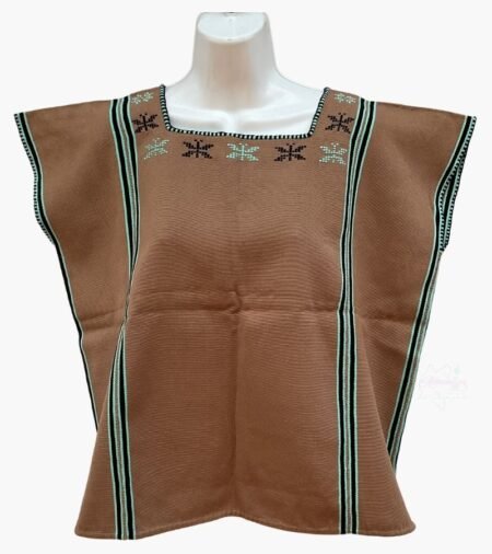 Huipil café, telar de cintura, estilo fino con figuras alrededor del cuello