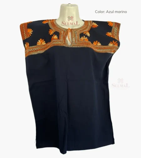 Blusa artesanal de Chamula bordada a mano, bordado cadena - Azul marino/naranja